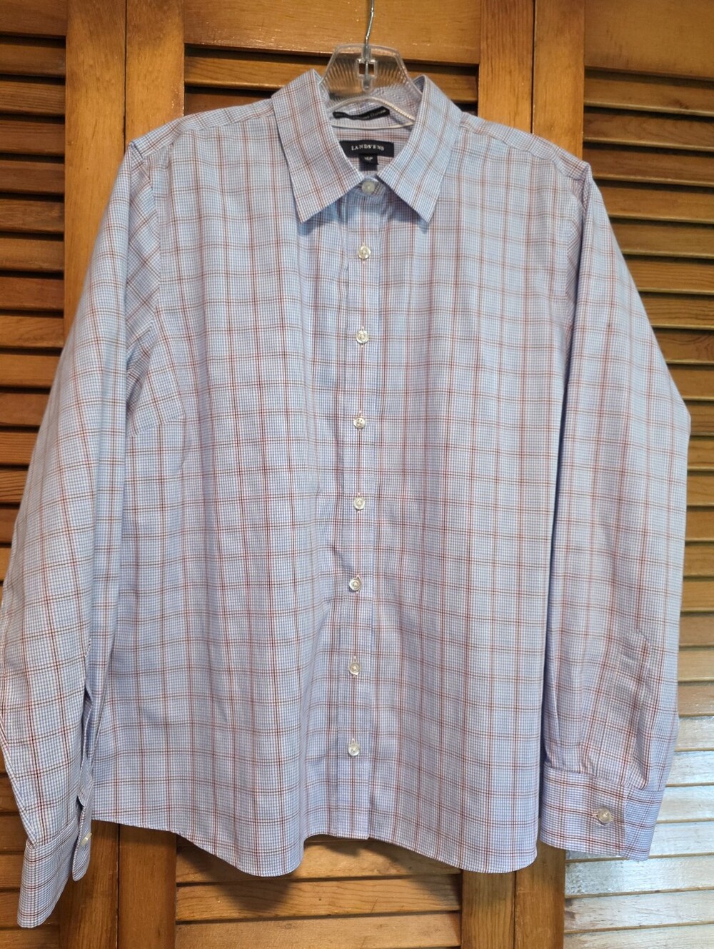 Lands End 16P No Iron Pinpoint Oxford Blue Purple Stripe Women Button-Down Shirt